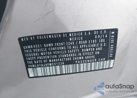 2015 Volkswagen Jetta 1.8T Sel from USA, damaged, VIN 3VWL07AJ4FM221228